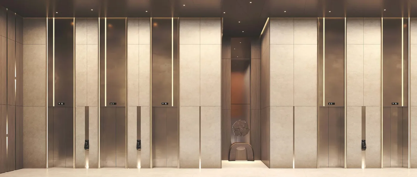 Лифтовой холл AURUS Residences с бронзовыми панелями