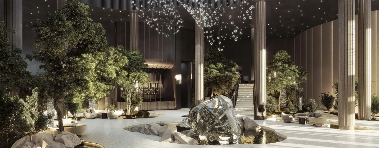 Грандлобби AURUS Residences — общий план с колоннами, водоёмом и скульптурой