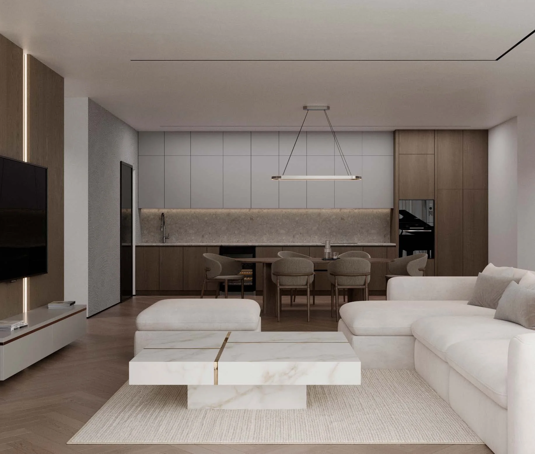 Кухня-гостиная резиденции AURUS Residences в светлой палитре
