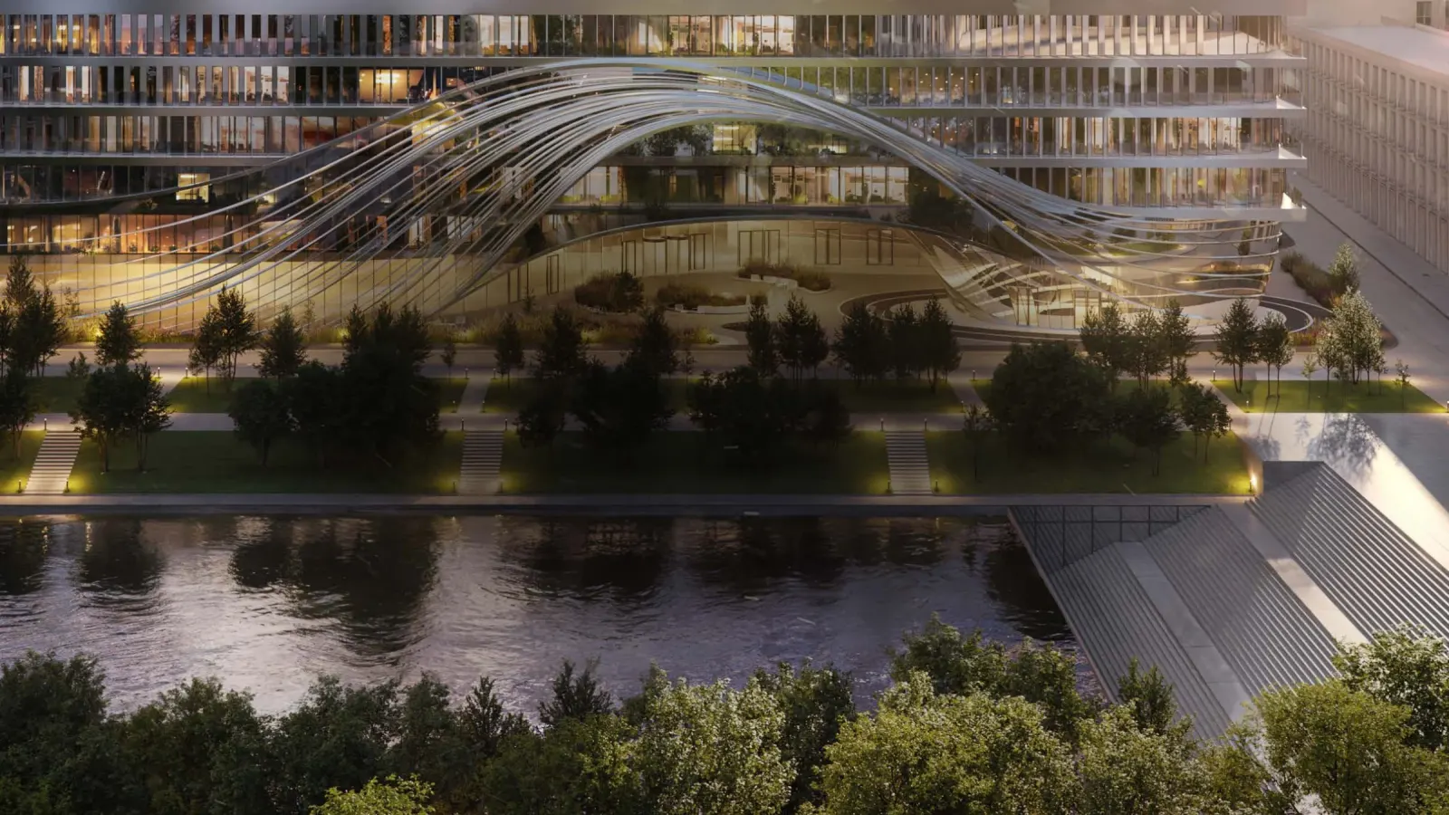 Офисный блок жилого комплекса AURUS Residences с высоты, отдельный от жилых башен объём