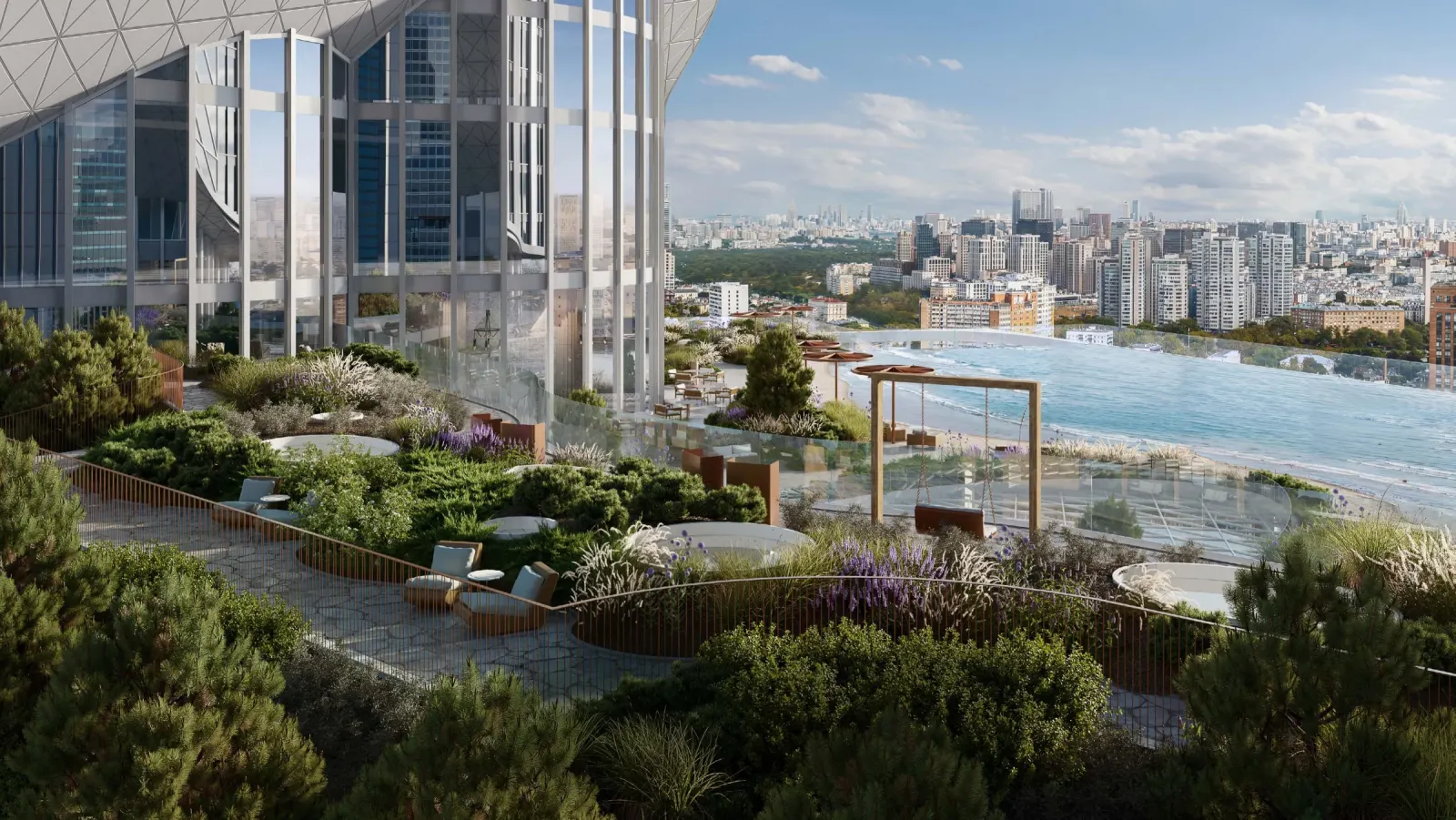 Приватный парк с инфинити-бассейном на 7-м этаже AURUS Residences, вид на город