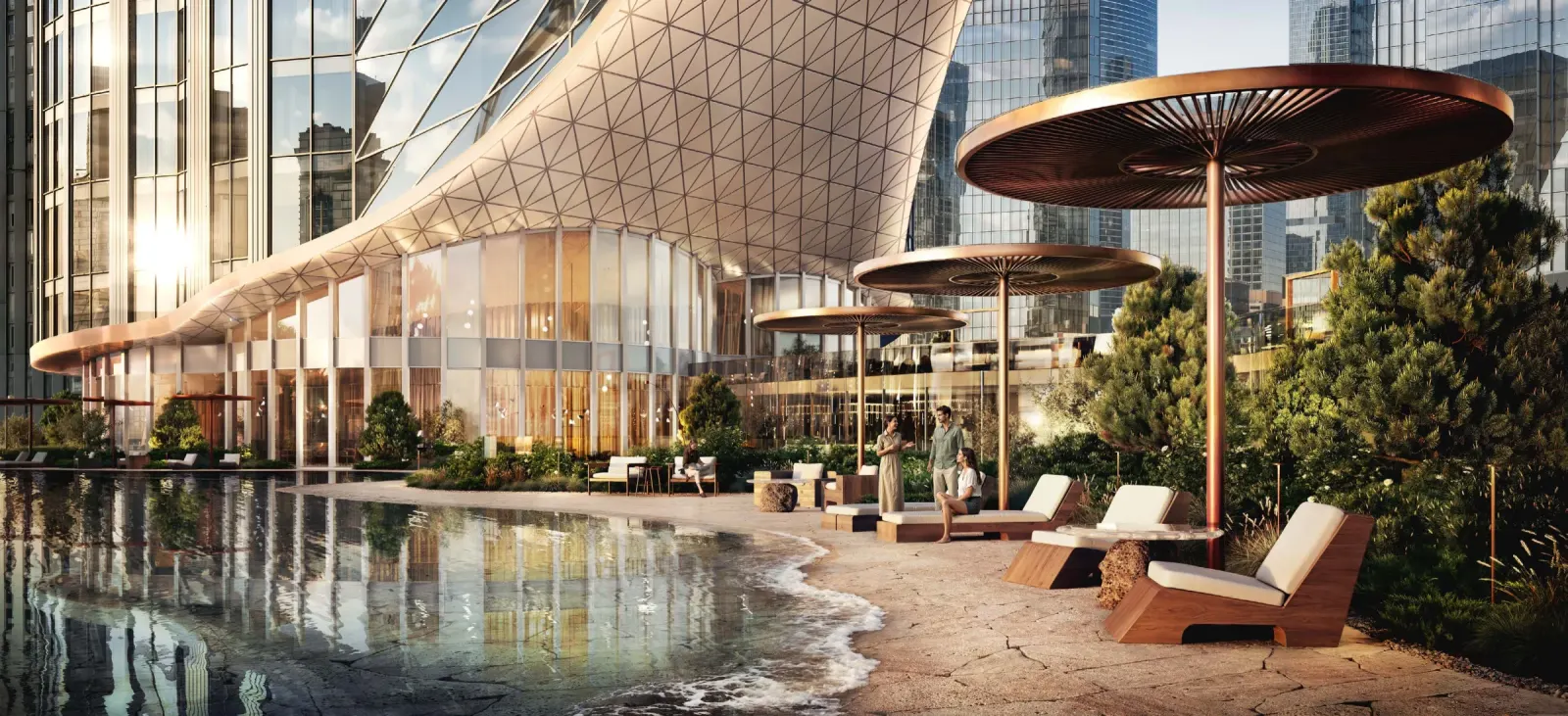 Парк на стилобате с бассейном между башнями AURUS Residences
