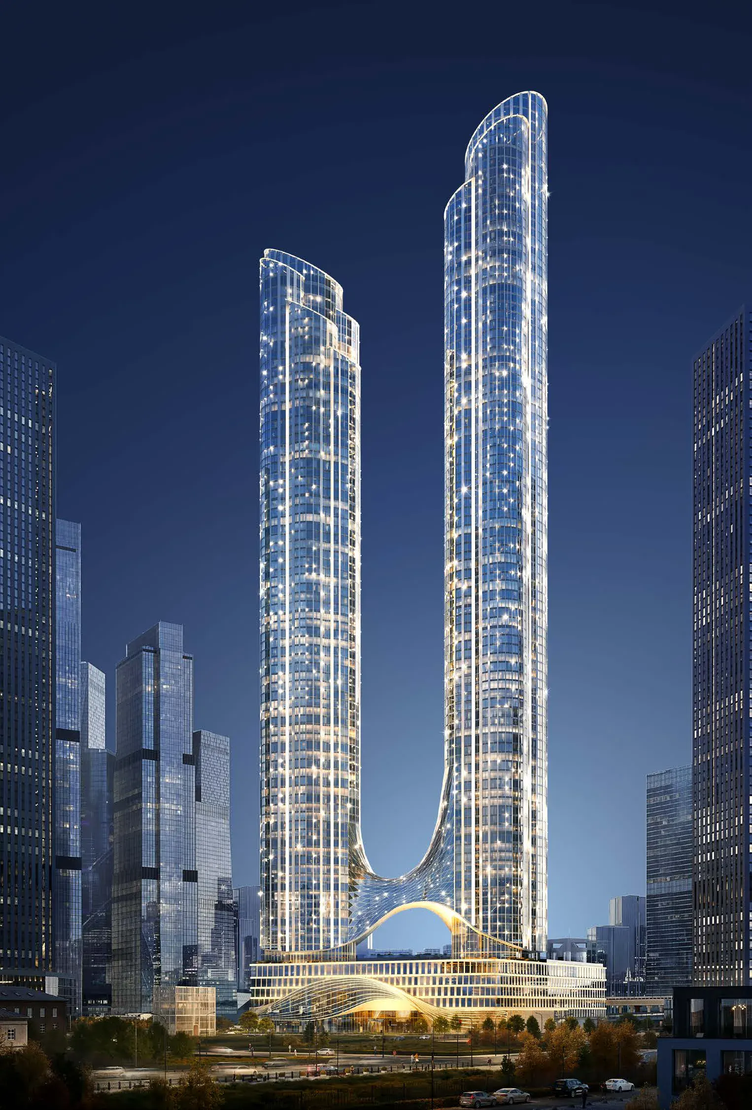 Две башни AURUS Residences с подсветкой: 101 и 83 этажа, переход между корпусами, кластер «Сити-2»